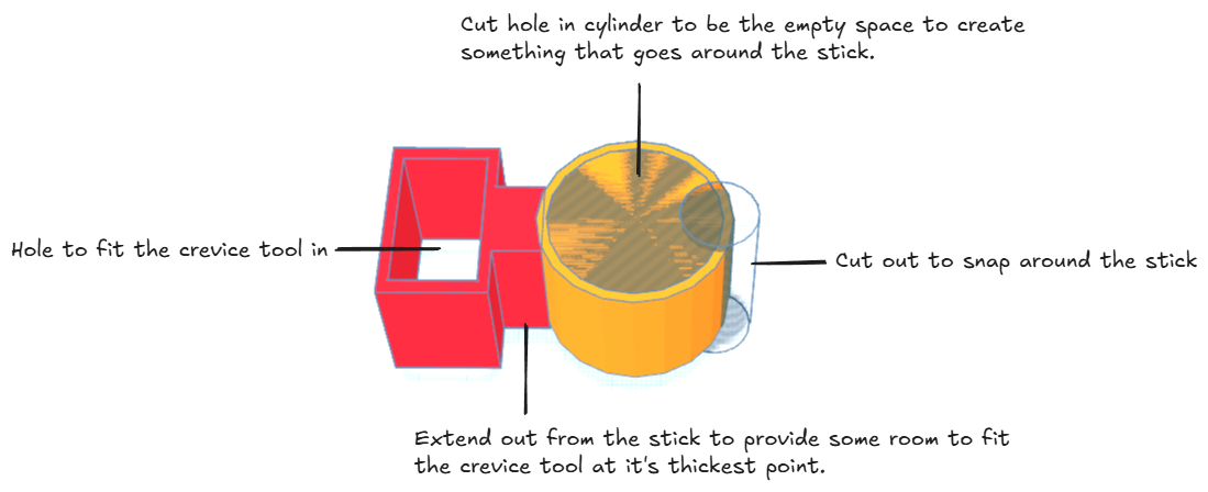 Final design in Tinkercad for vacuum attachment
